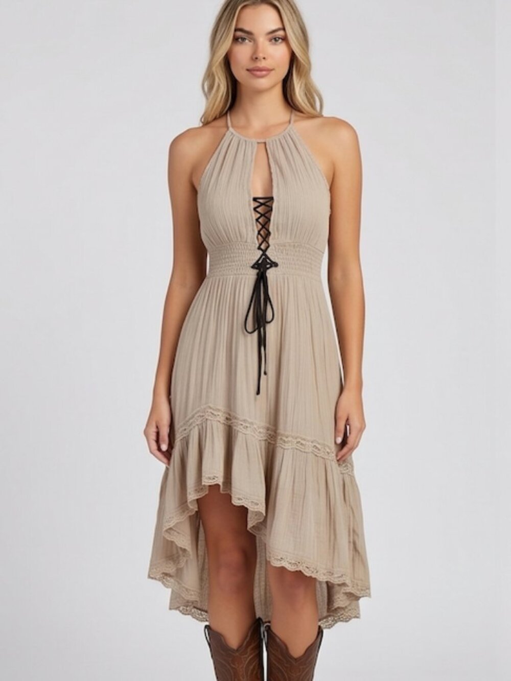 Boho Crinkle Gauze Halter Midi Dress - Lace-Up Corset High-Low Dress in Taupe - Picture 6 of 8
